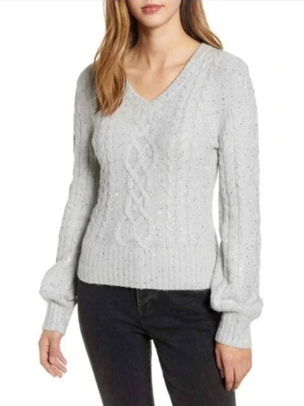 Rachel Parcell Sequin Puff Sleeve Sweater Pullover v6x